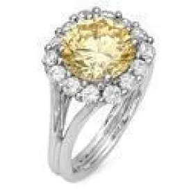 2.5 Round Canary Center Stone Halo Split Shank 14K White Gold Cubic Zirconia Ring