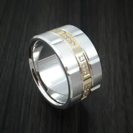 14K White Gold and Yellow Gold Band with Diamonds Custom Made Men's Ring