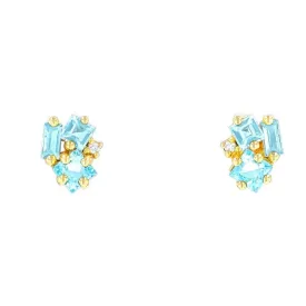 14K YELLOW GOLD BLUE TOPAZ AND DIAMOND CLUSTER STUDS