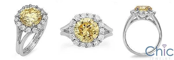 2.5 Round Canary Center Stone Halo Split Shank 14K White Gold Cubic Zirconia Ring