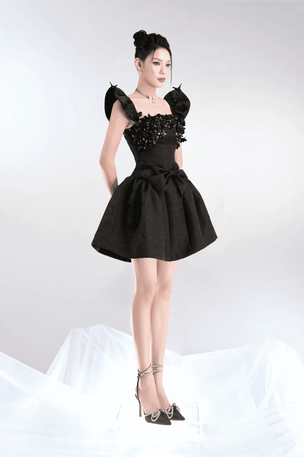 Adelina Fit and Flare Bow Taffeta Mini Dress