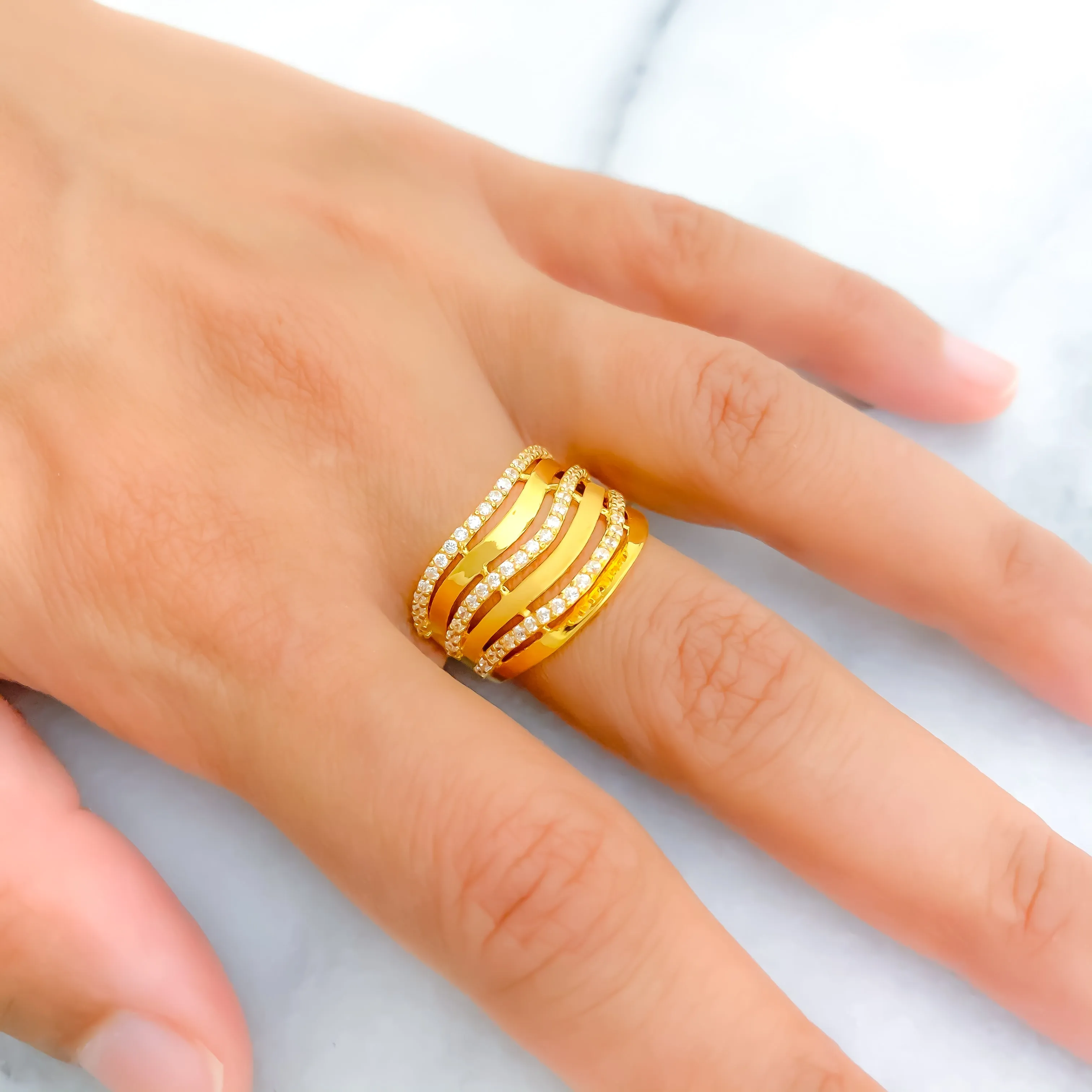 Alternating Striped 22k Gold CZ Statement Ring