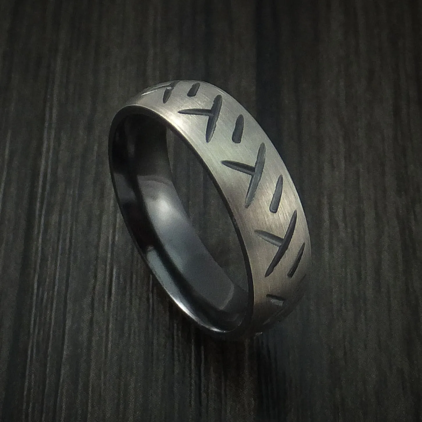 Black Zirconium Cycle Tire Tread Textured Carved Men's Ring