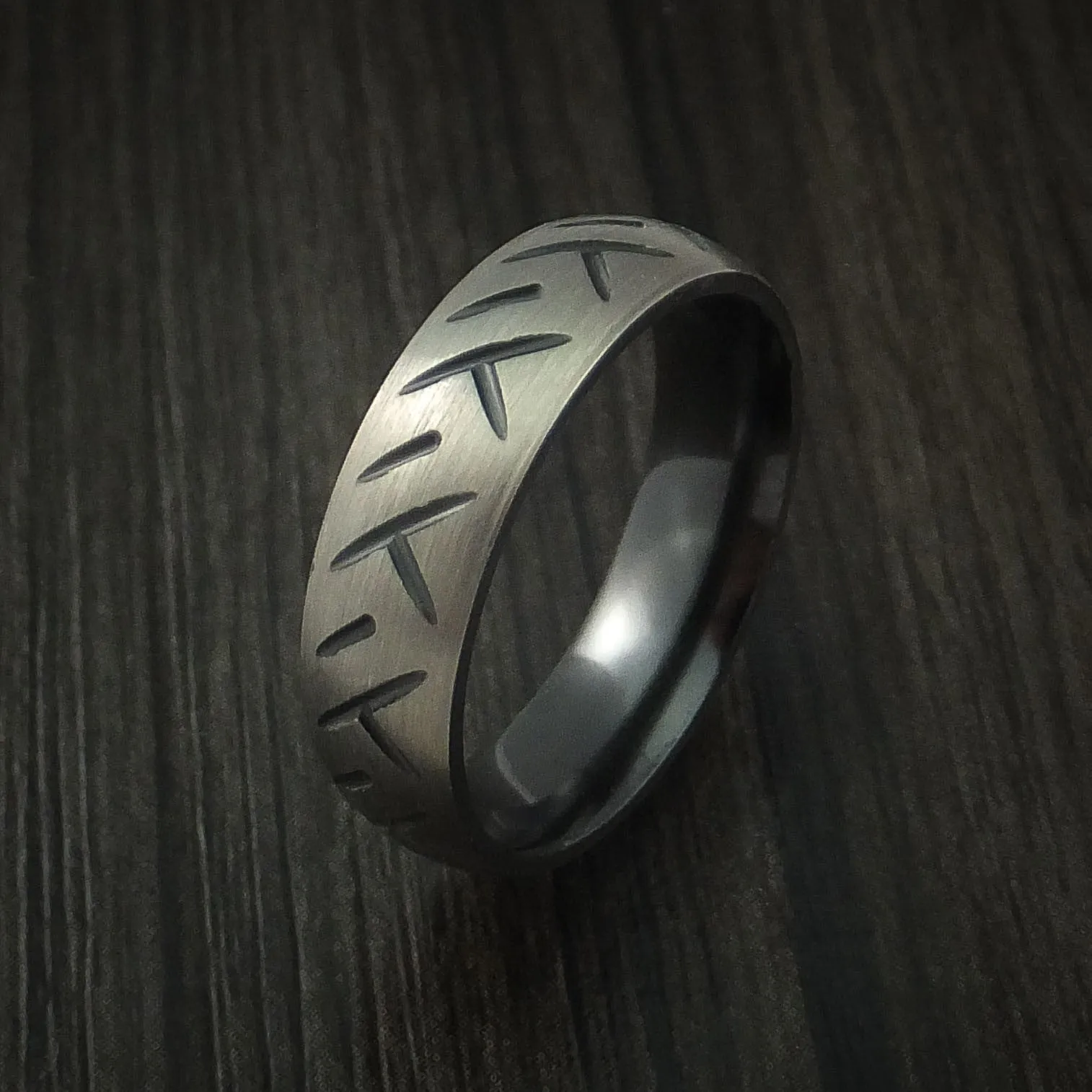 Black Zirconium Cycle Tire Tread Textured Carved Men's Ring