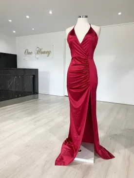 Honey Couture GISSELLE Berry Split Evening Gown Dress