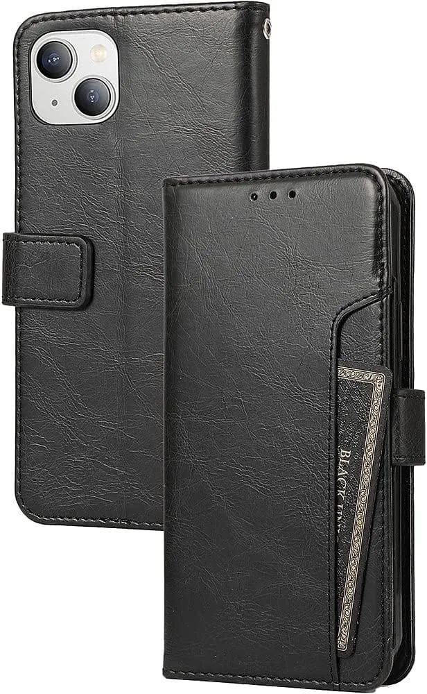 Indy Series Black Leather Folio Wallet Case with Tempered Glass Screen and Camera Protector - iPhone 14