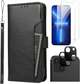 Indy Series Black Leather Folio Wallet Case with Tempered Glass Screen and Camera Protector - iPhone 14