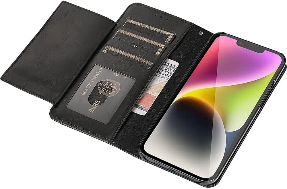 Indy Series Black Leather Folio Wallet Case with Tempered Glass Screen and Camera Protector - iPhone 14