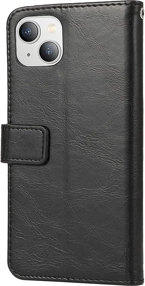 Indy Series Black Leather Folio Wallet Case with Tempered Glass Screen and Camera Protector - iPhone 14