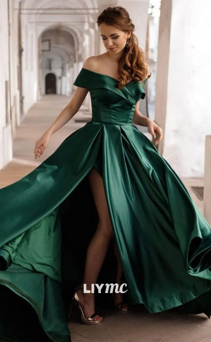 LP1915 - Simple off Shoulder Satin Green Long Prom Dress, Green Evening Dress