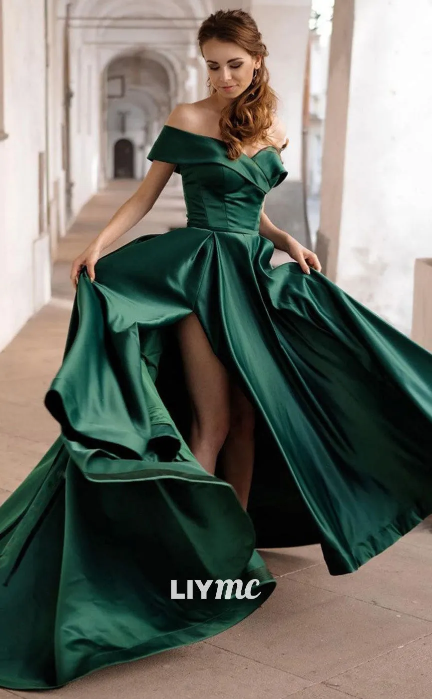 LP1915 - Simple off Shoulder Satin Green Long Prom Dress, Green Evening Dress