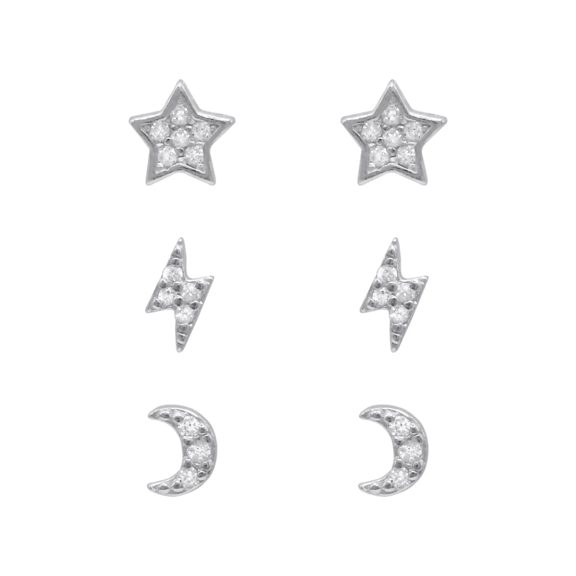 Miku Lightning, Moon & Star Stud Earrings Set | 925 Sterling Silver