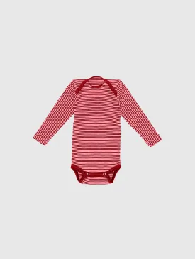 organic merino wool and silk long-sleeved onesie in red/natural stripe - baby/toddler