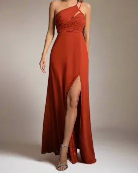 Serena Burnt Orange Dress for Wedding Guest - One Shoulder Cut-off Maxi Dress