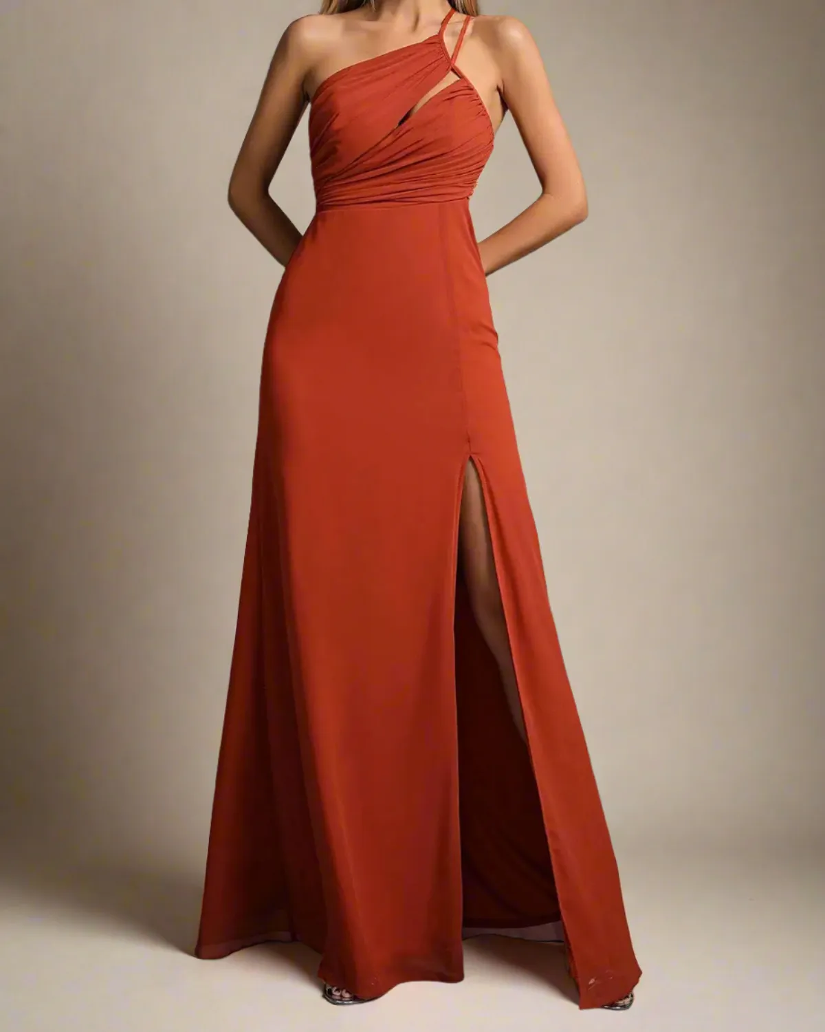 Serena Burnt Orange Dress for Wedding Guest - One Shoulder Cut-off Maxi Dress