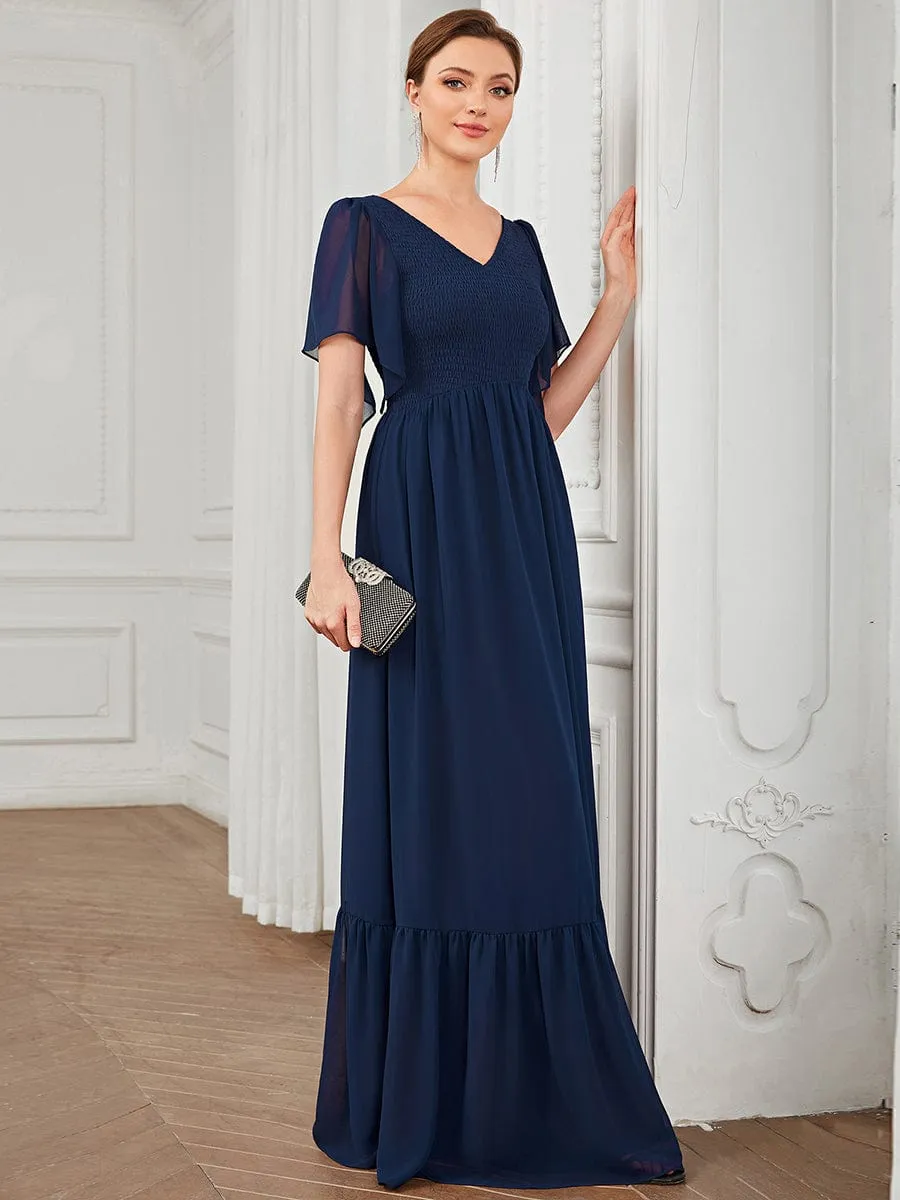 Short Sleeve V-Neck Shirred A-Line Evening Dress