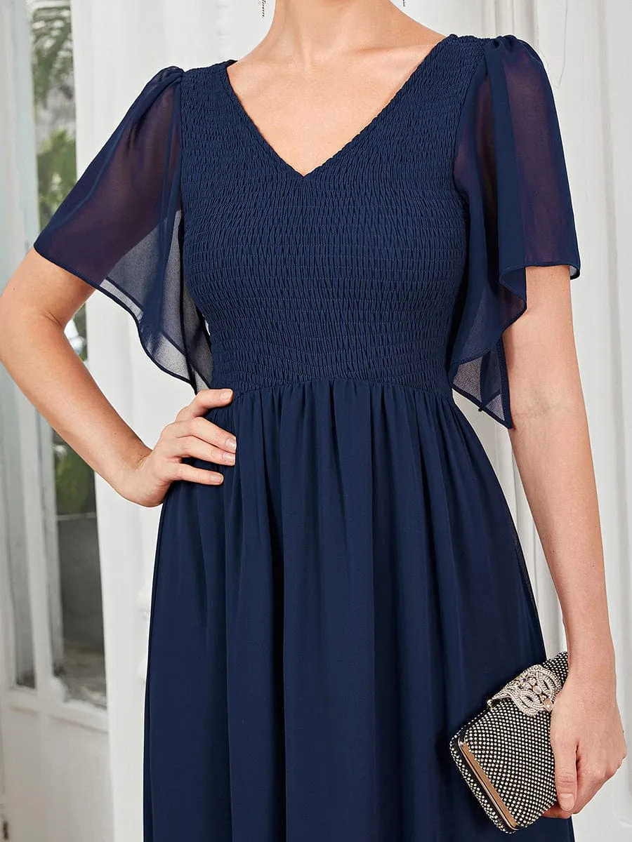 Short Sleeve V-Neck Shirred A-Line Evening Dress