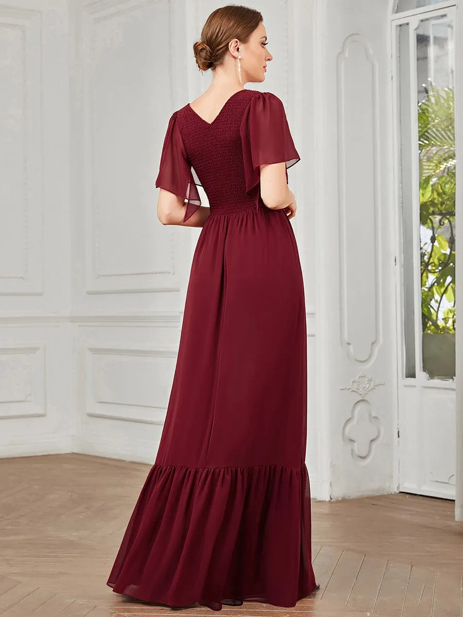 Short Sleeve V-Neck Shirred A-Line Evening Dress