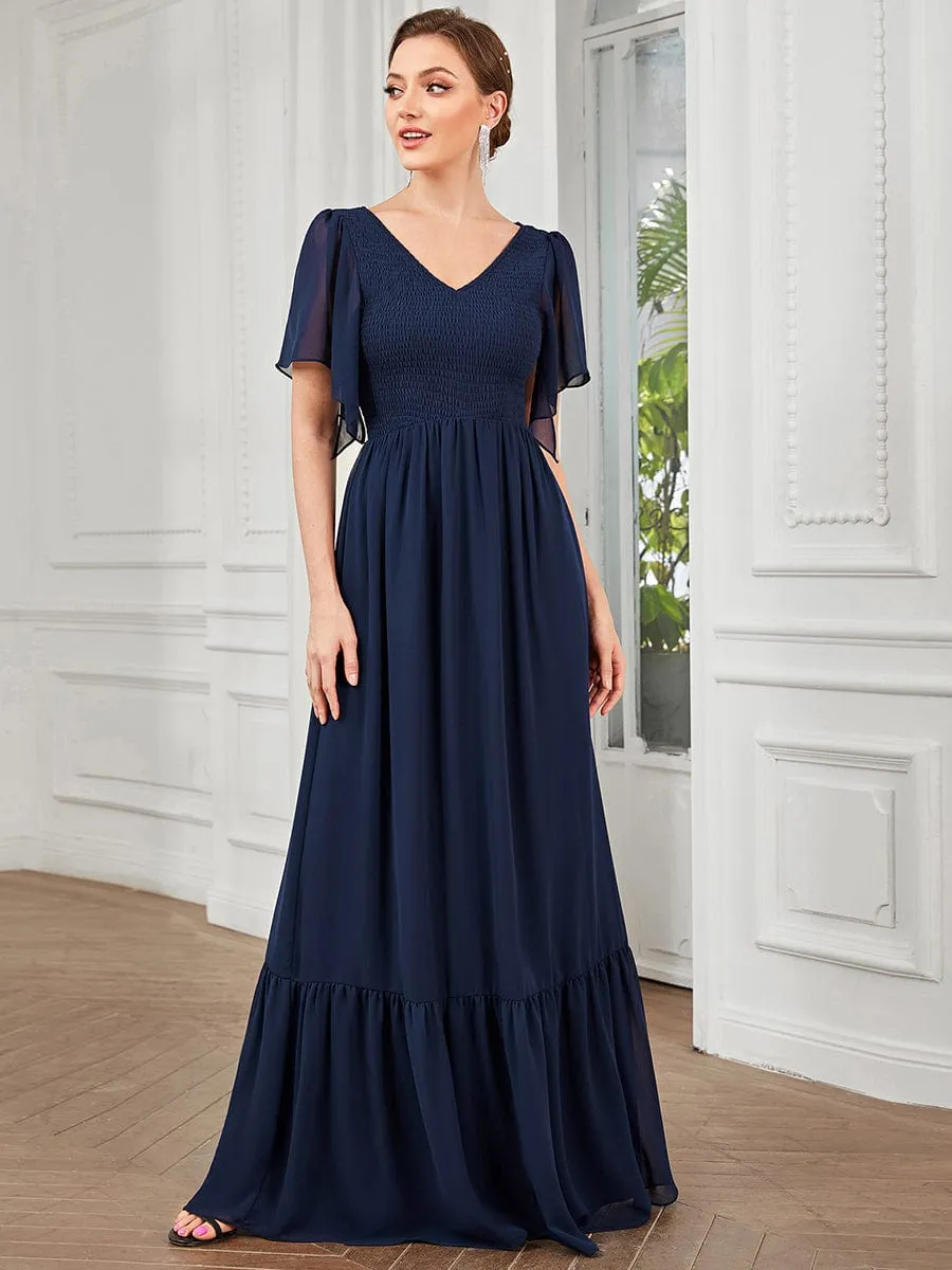 Short Sleeve V-Neck Shirred A-Line Evening Dress