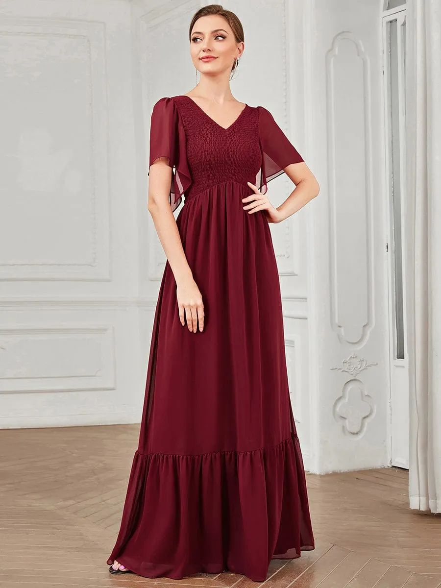 Short Sleeve V-Neck Shirred A-Line Evening Dress