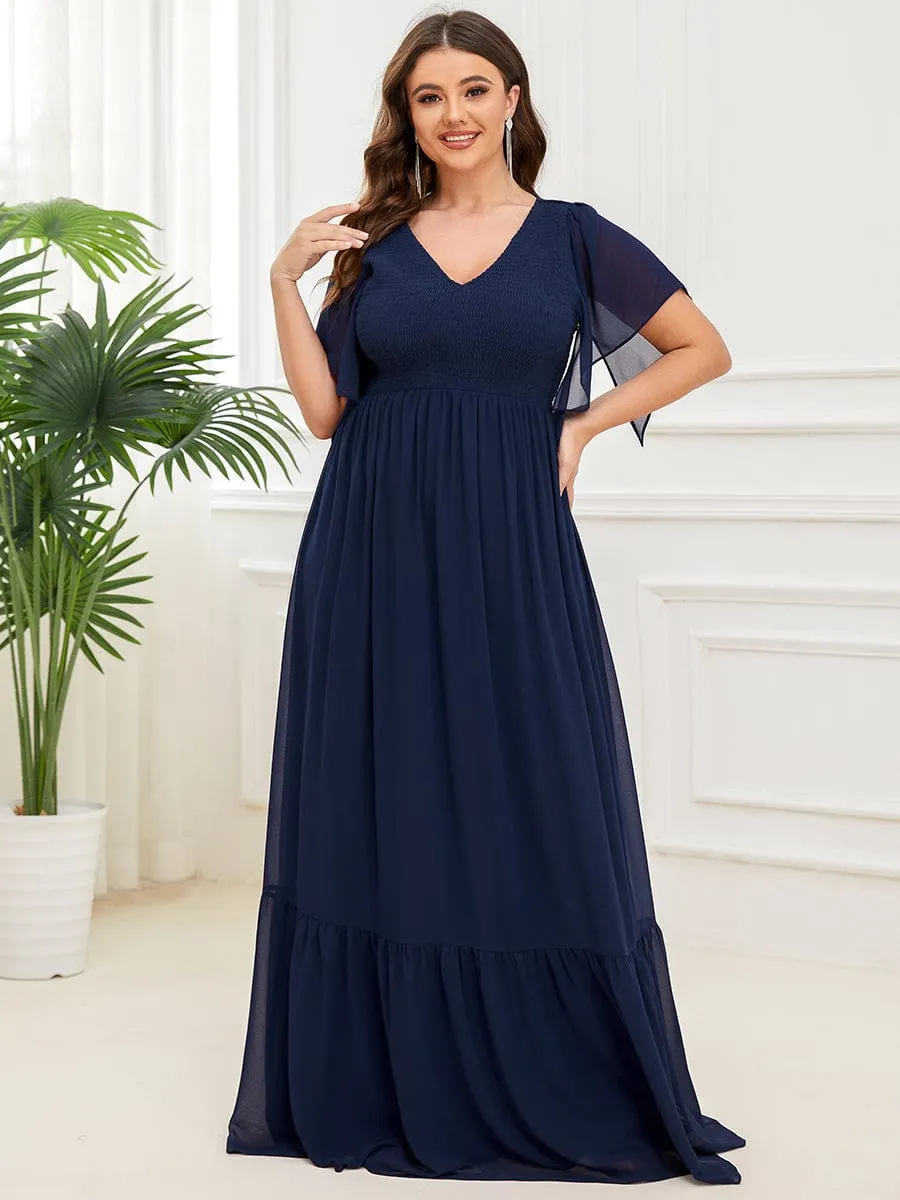 Short Sleeve V-Neck Shirred A-Line Evening Dress