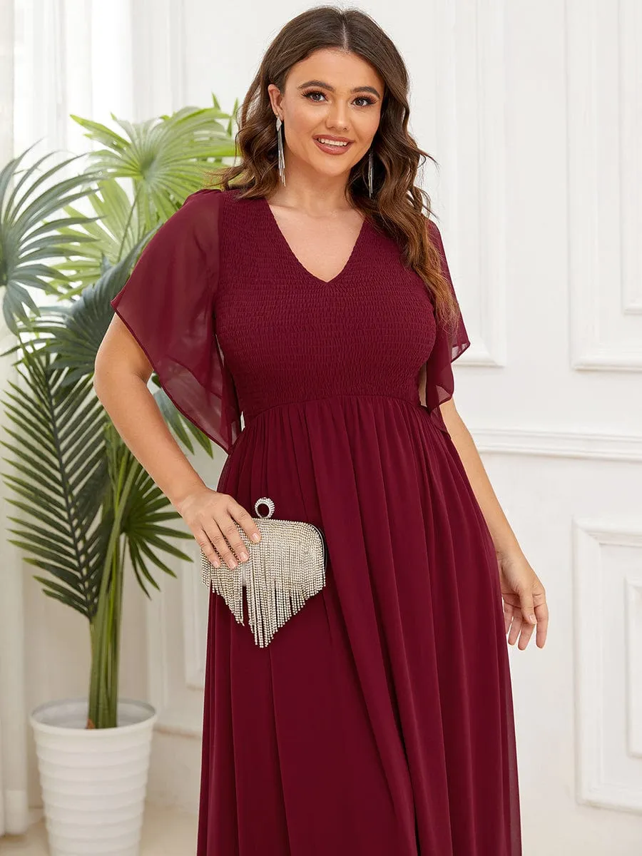 Short Sleeve V-Neck Shirred A-Line Evening Dress